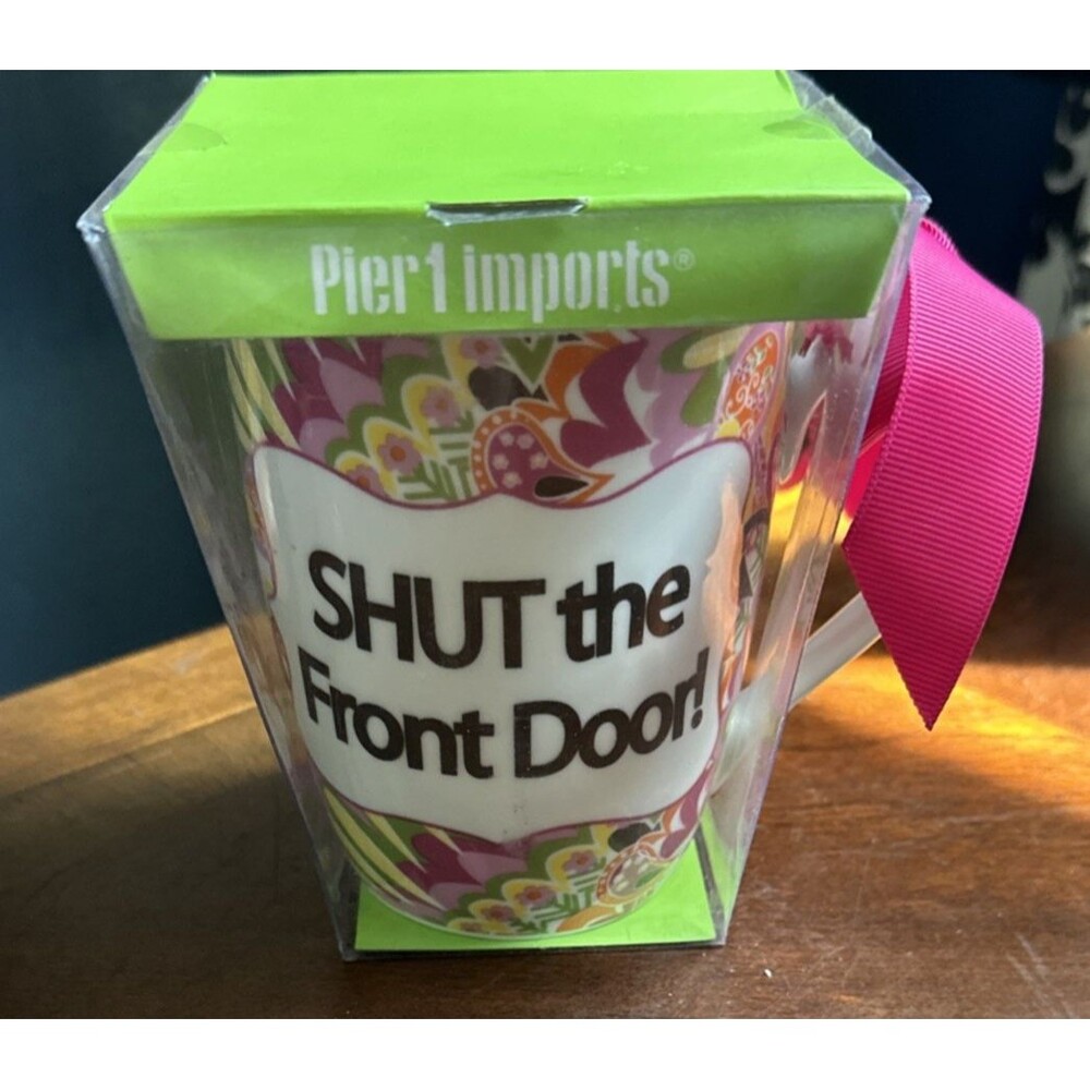 MUD PIE 2013 SHUT THE FRONT DOOR! Paisley Ceramic Coffee Mug Cup Pier 1 Imports